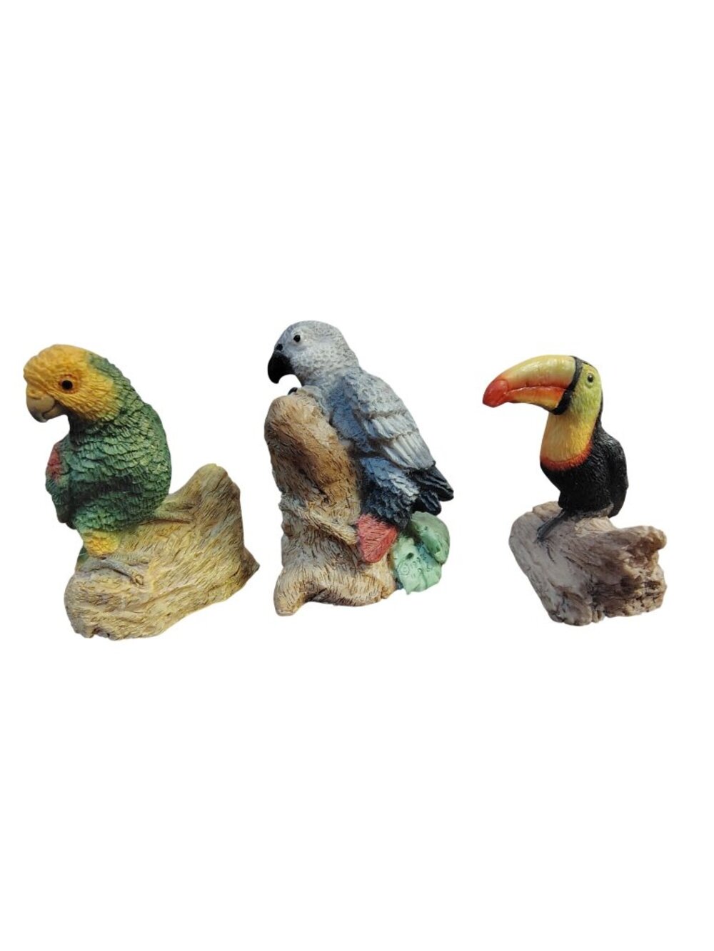 Vintage Set of 3 Earth Home Bird Resin Figurines Toucan Gabon Grey Parrot 2.5"